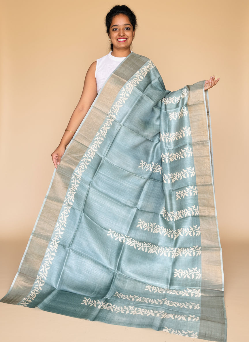 Grey Tussar Silk Saree with Prints