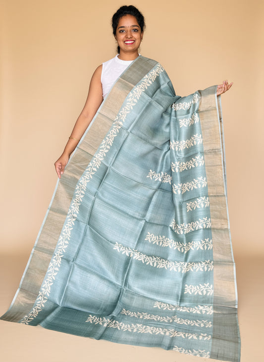 Grey Tussar Silk Saree with Prints