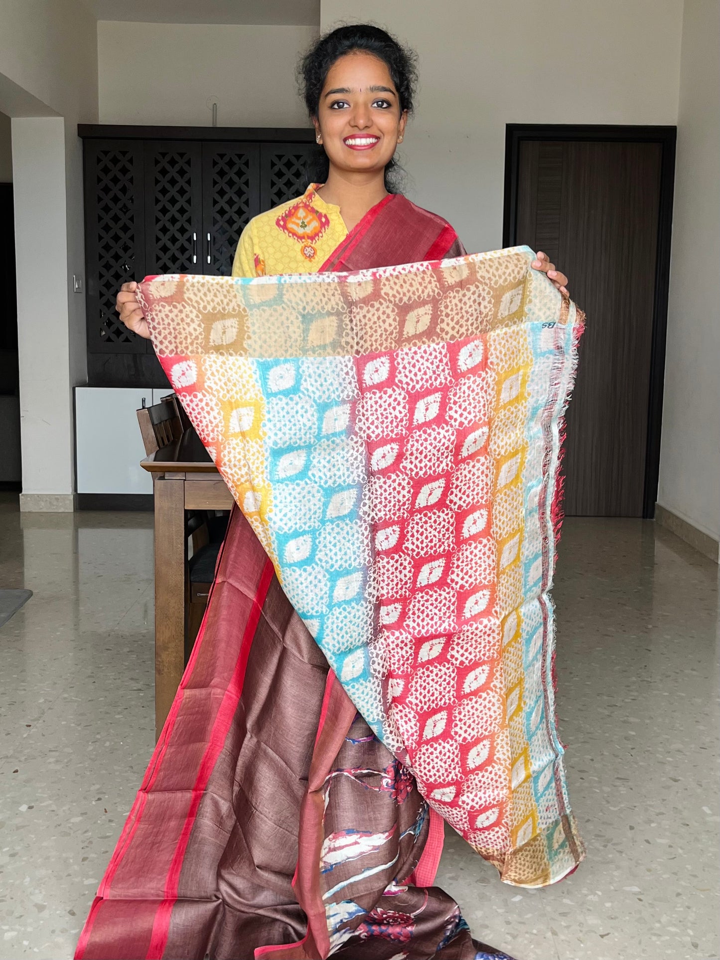 Brown and Red Tussar Silk Saree with Prints