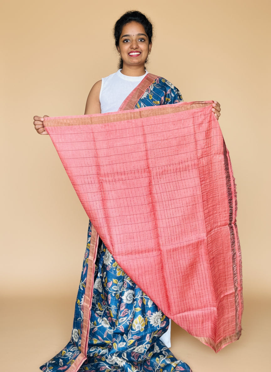 Blue and Peach Tussar Silk Saree with Prints