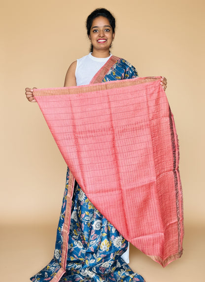 Blue and Peach Tussar Silk Saree with Prints