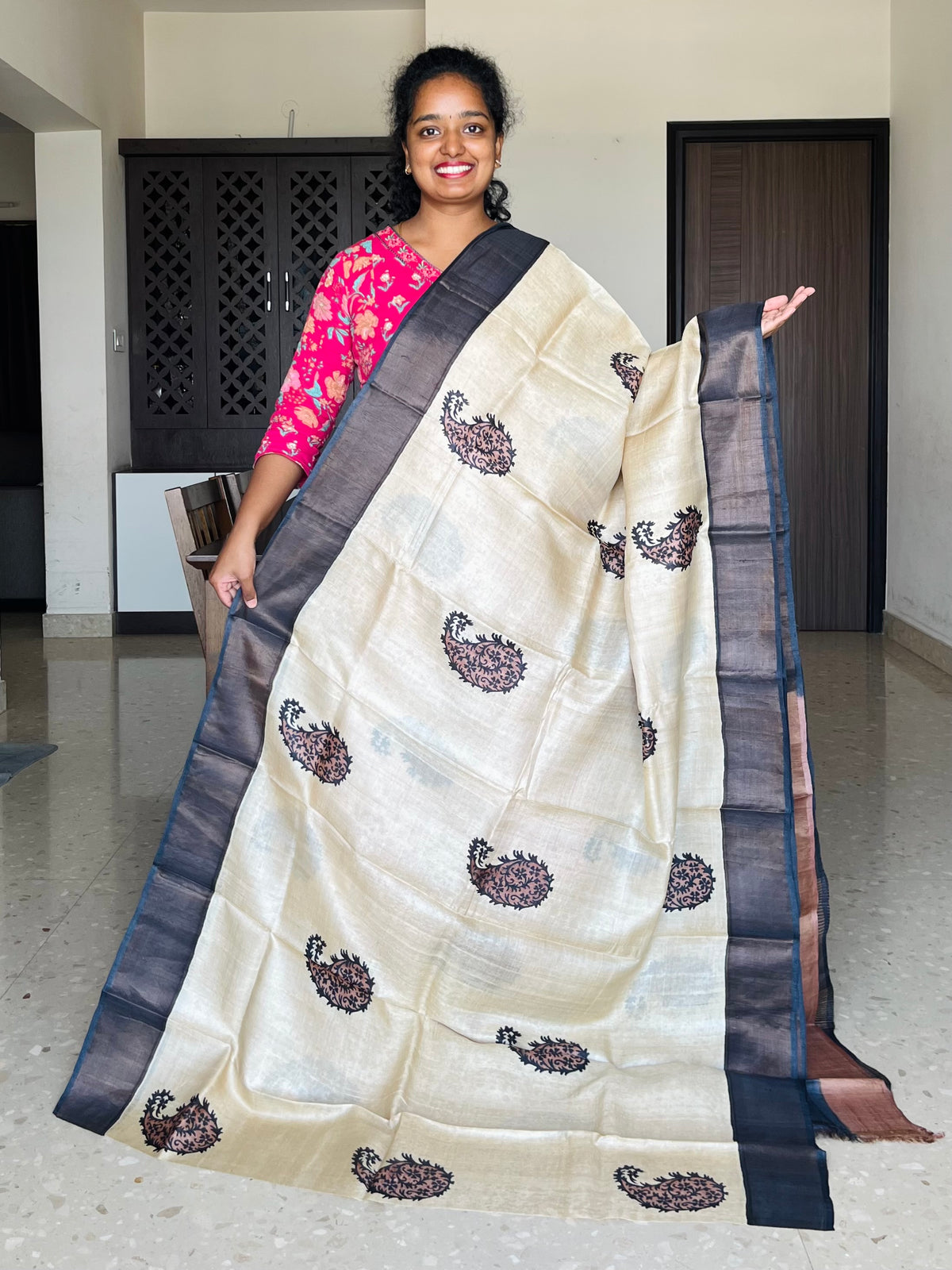 Cream and Black Tussar Silk Saree with Prints