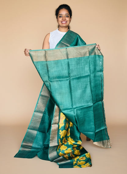 Dark Green Tussar Silk Saree with Prints