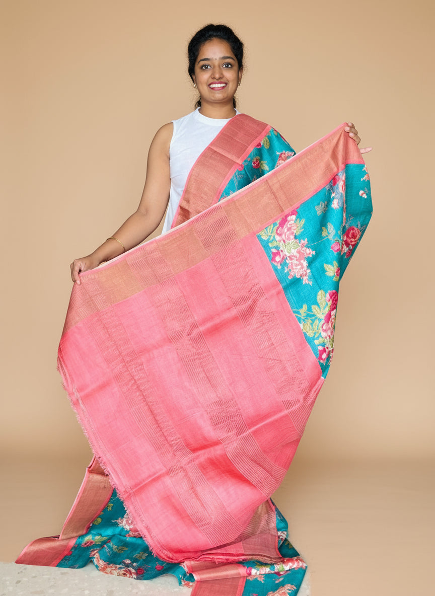 Sea Green and Peach Tussar Silk Saree with Prints