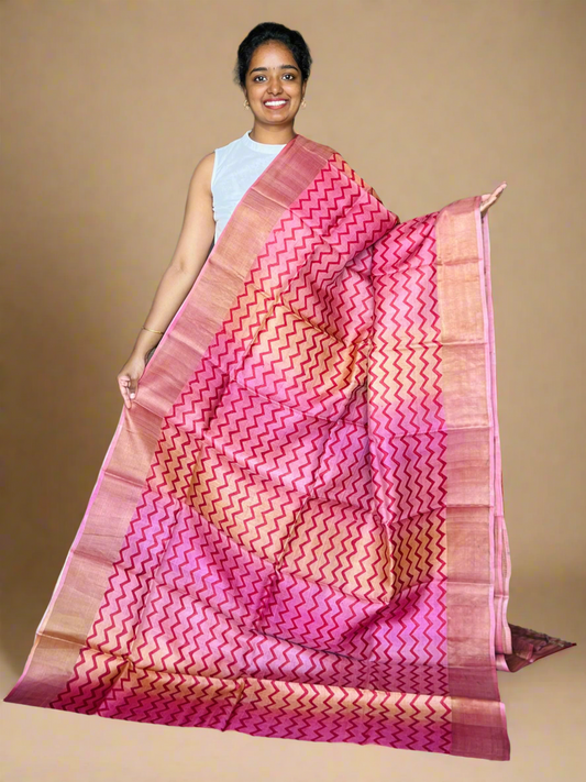 Pink and Mustard Tussar Silk Saree with Prints
