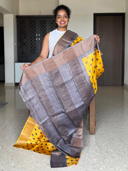 Yellow and Brown Tussar Silk Saree with Prints