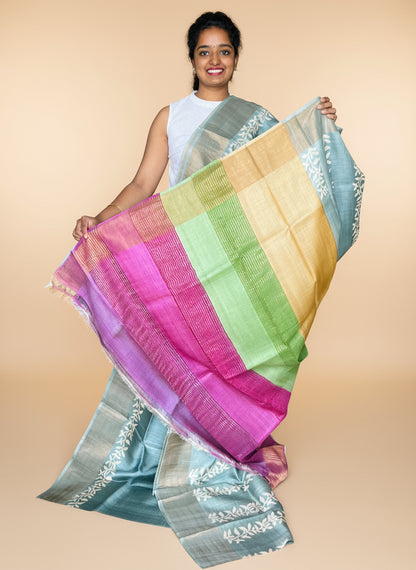 Grey Tussar Silk Saree with Prints