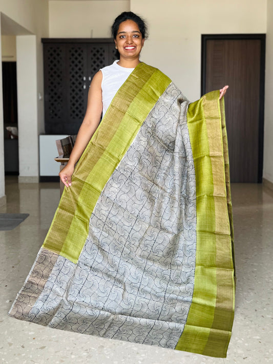 Black and Green Tussar Silk Saree with Prints