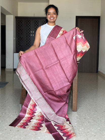 Cream and Maroon Tussar Silk Saree with Prints