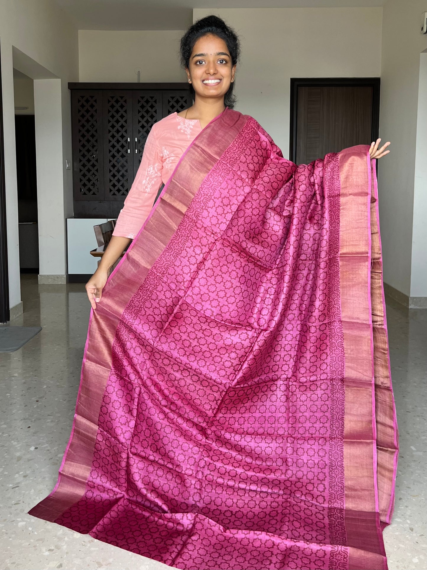 Pink Tussar Silk Saree with Prints