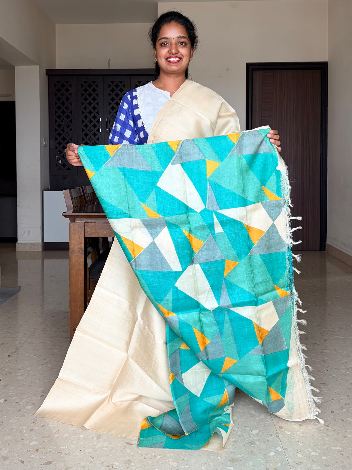 Cream Tussar Silk Saree with Prints
