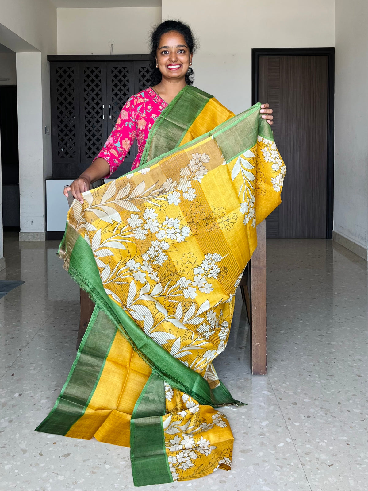 Yellow and Green Tussar Silk Saree with Prints