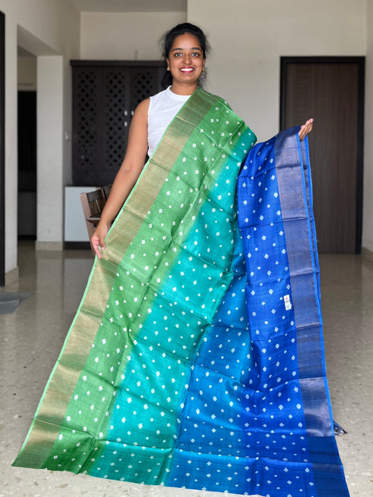 Green and Blue Tussar Silk Saree with Prints