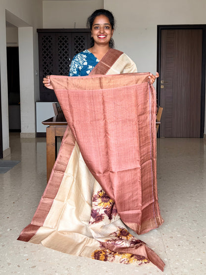 Cream and Brown Tussar Silk Saree with Prints