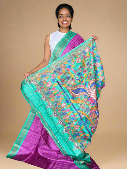 Magenta and Cyan Tussar Silk Saree with Prints