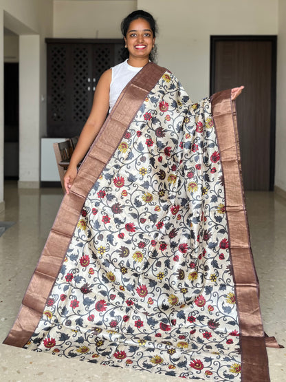 Cream and Brown Tussar Silk Saree with Prints