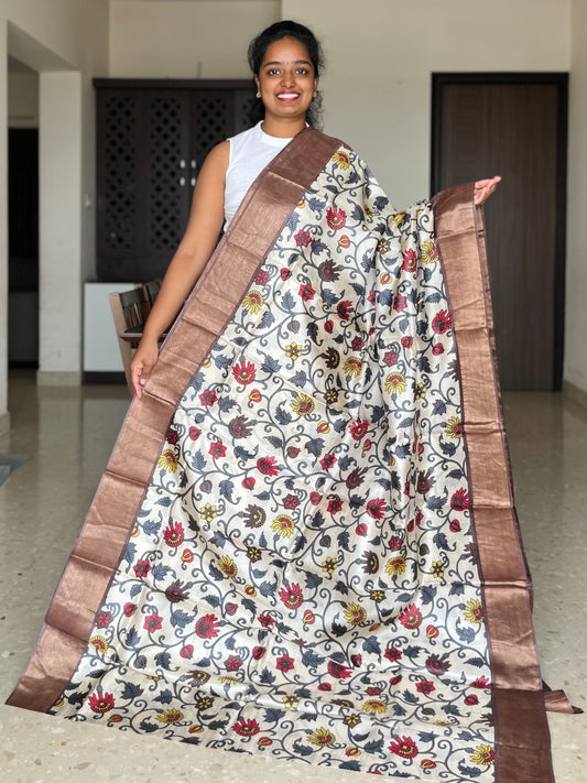 Cream and Brown Tussar Silk Saree with Prints