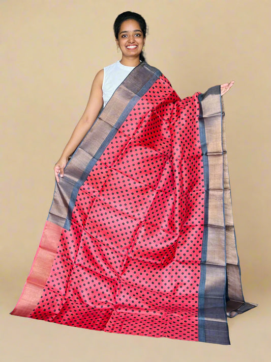 Red and Black Tussar Silk Saree with Prints