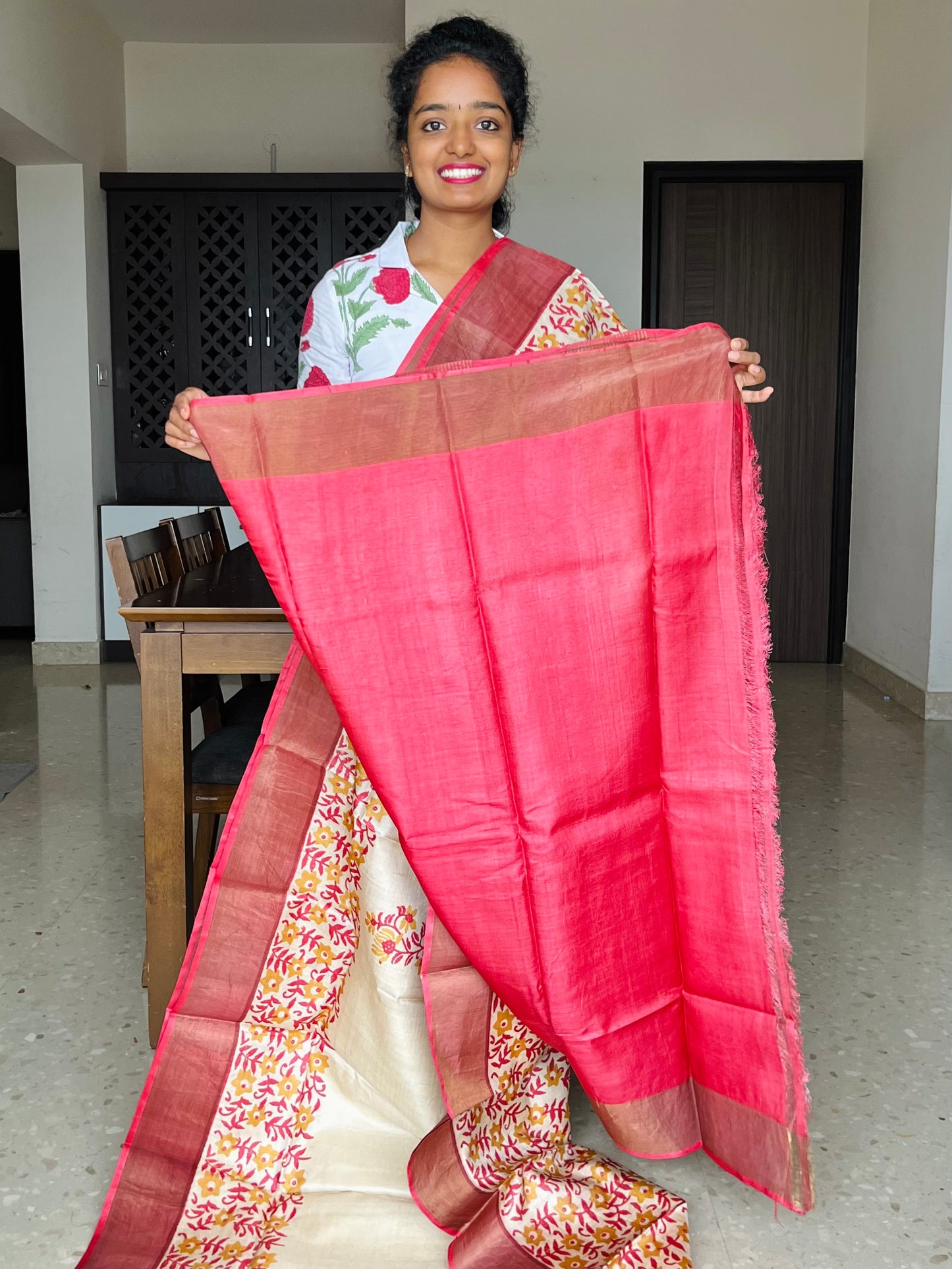 Cream and Red Tussar Silk Saree with Prints