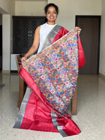 Red and Grey Tussar Silk Saree with Prints