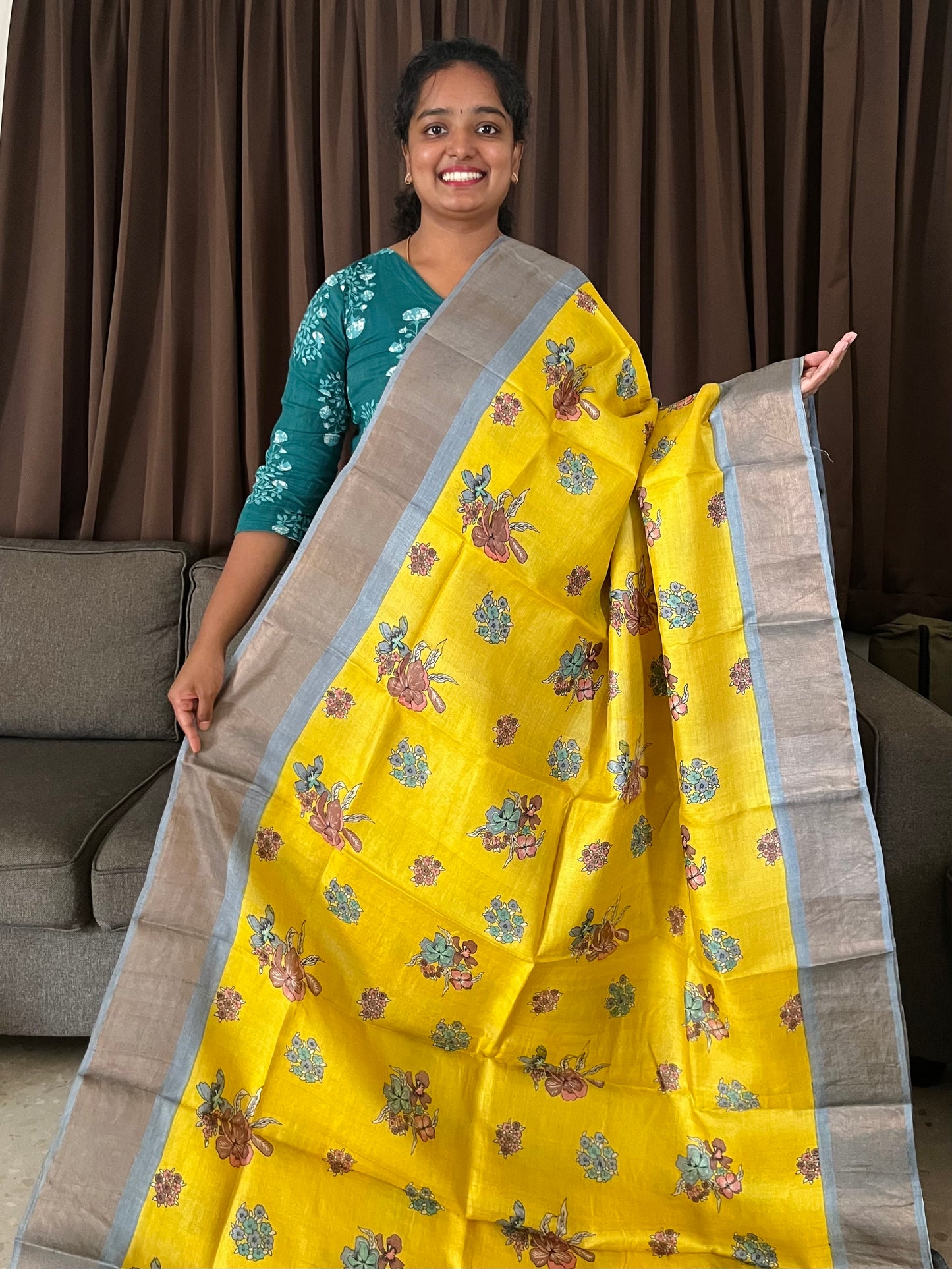 Yellow and Grey Tussar Silk Saree with Prints