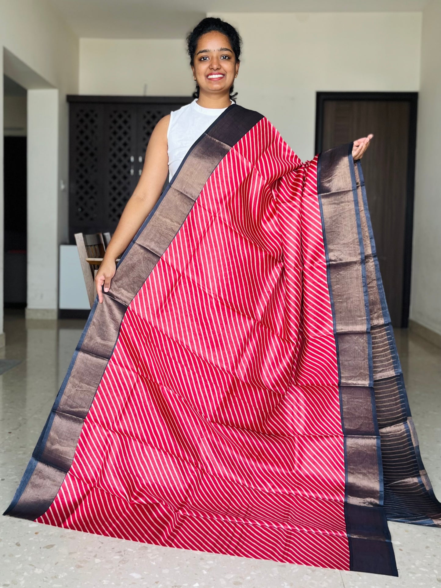 Red and Black Tussar Silk Saree with Prints