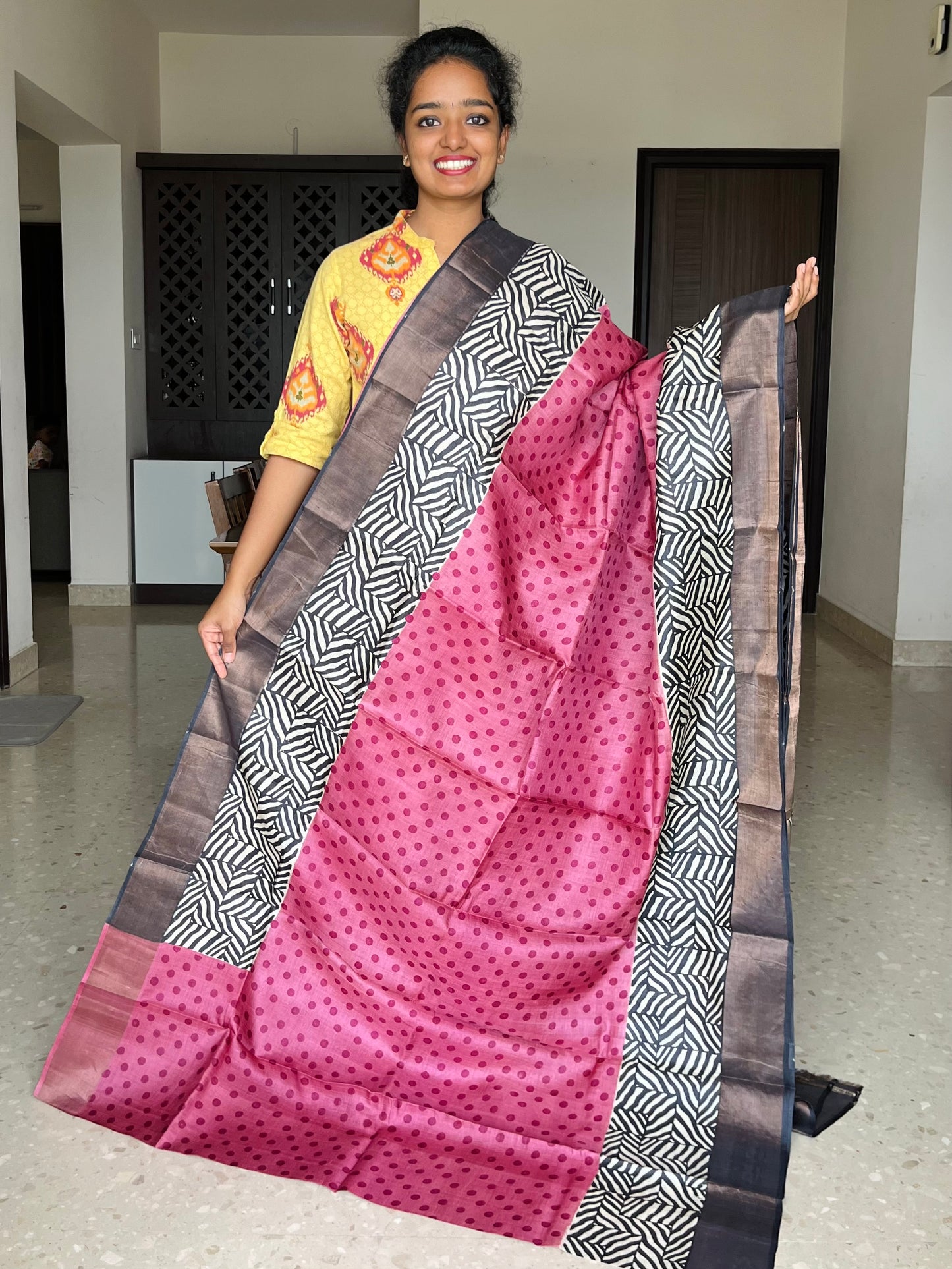 Pink and Black Tussar Silk Saree with Prints