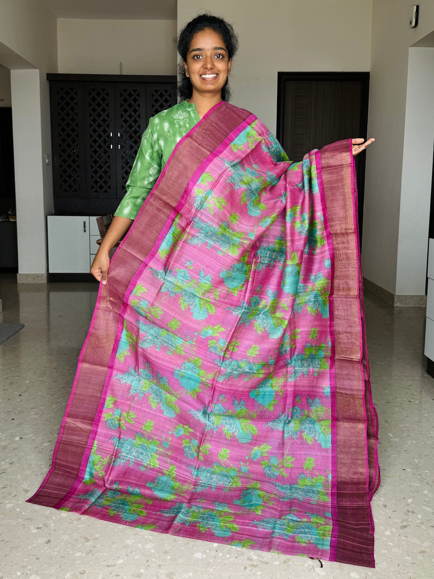 Dust Pink and Rani Pink Tussar Silk Saree with Prints