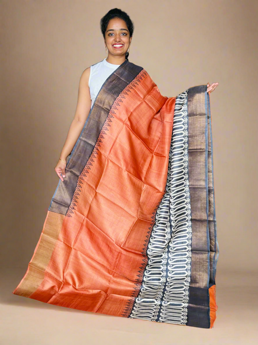 Rust and Black Tussar Silk Saree with Prints