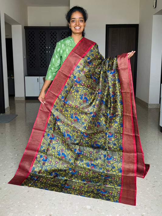 Mehandi Green and Red Tussar Silk Saree with Prints