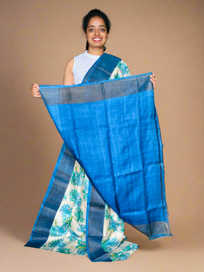 Cream and Blue Tussar Silk Saree with Prints