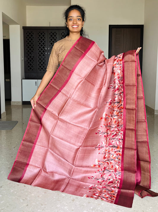 Coral Tussar Silk Saree with Prints