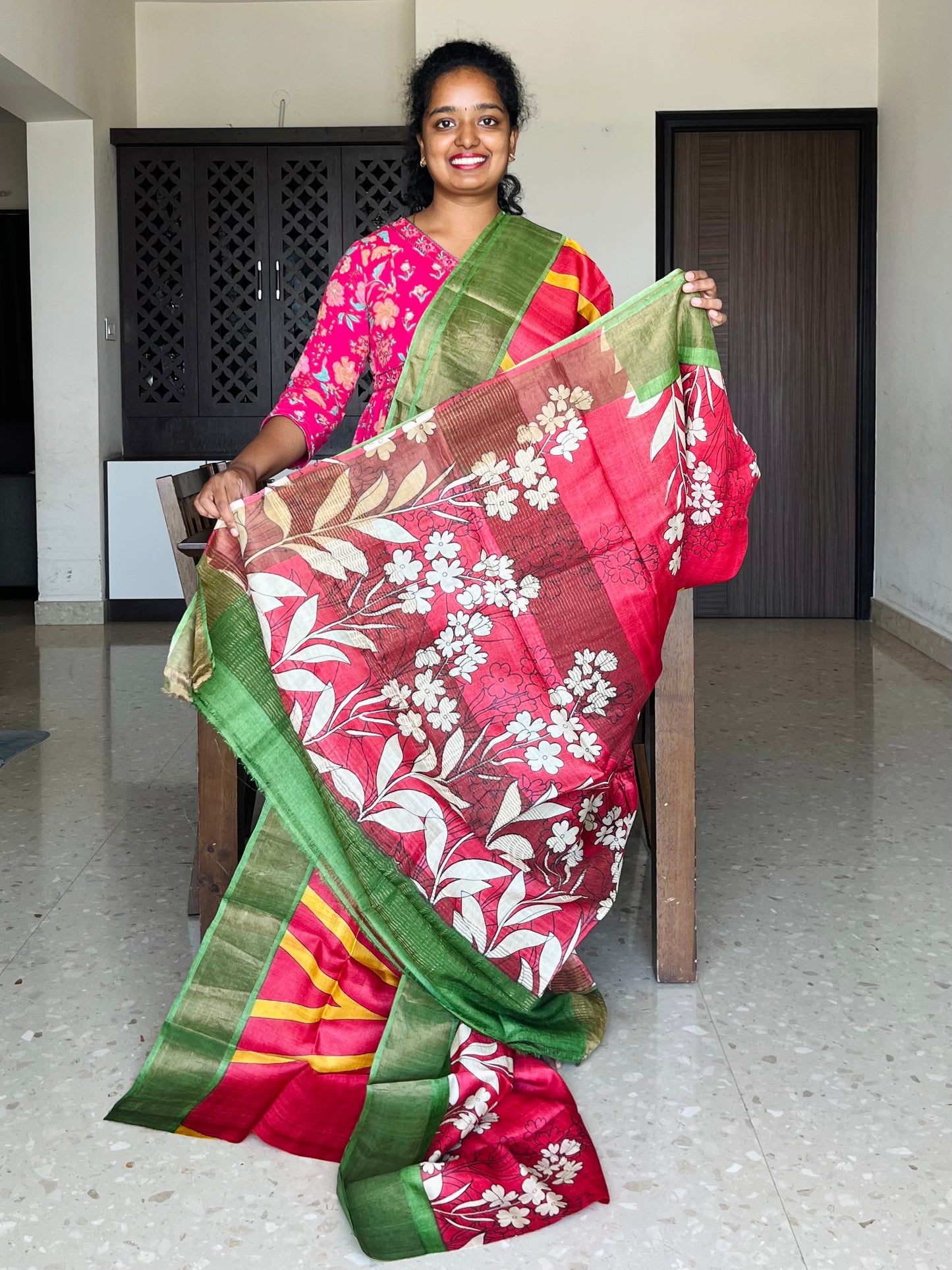 Red and Green Tussar Silk Saree with Prints