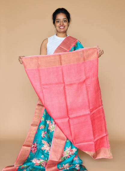 Sea Green and Peach Tussar Silk Saree with Prints