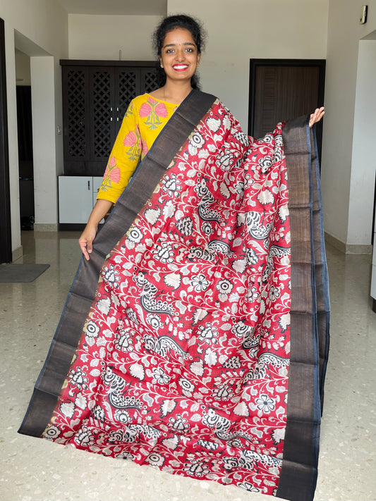 Red and Black Tussar Silk Saree with Prints