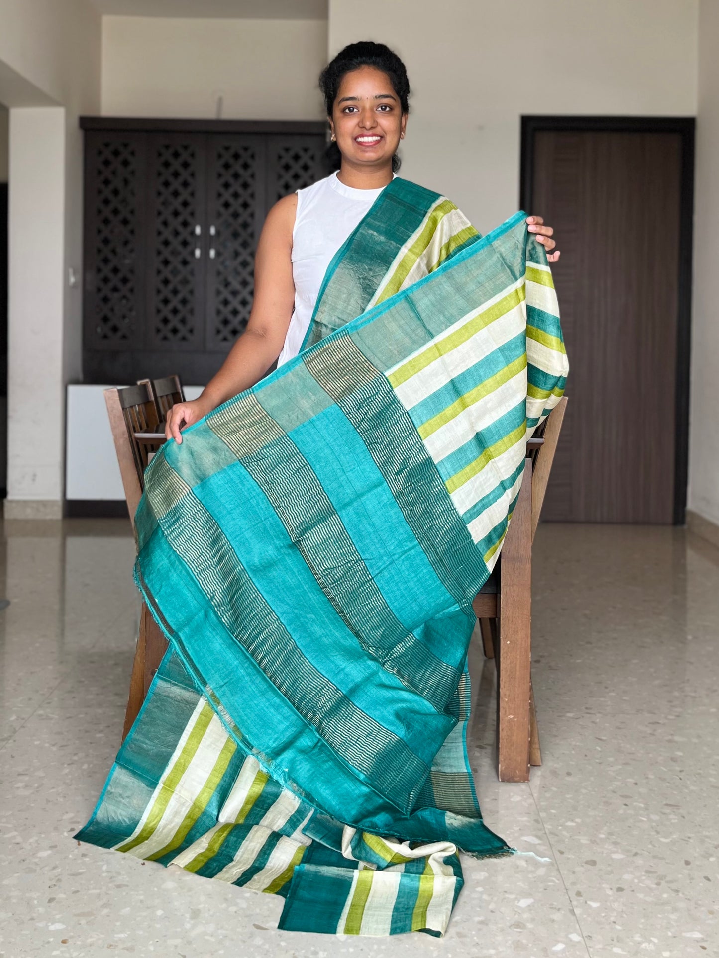 Cream and Green Tussar Silk Saree with Prints