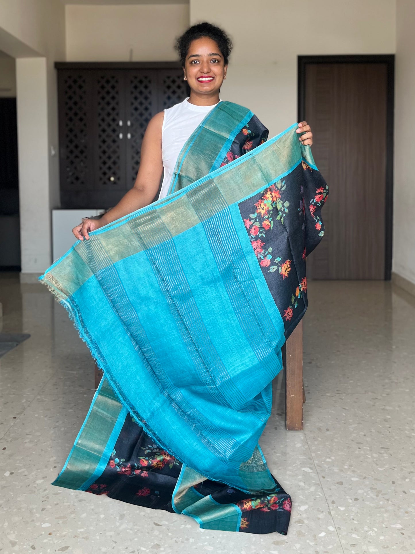 Black and Blue Tussar Silk Saree with Prints