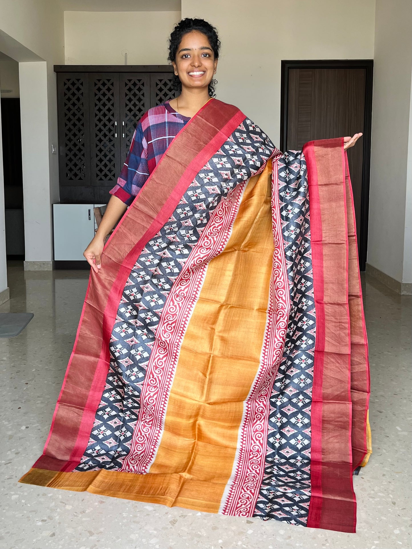 Yellow and Red Tussar Silk Saree with Prints