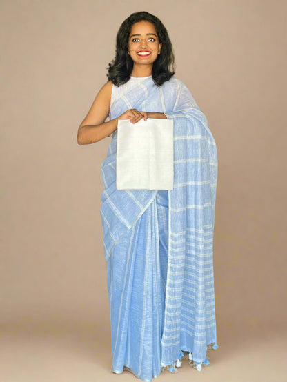 Denim Blue Linen Saree With Woven Stripes