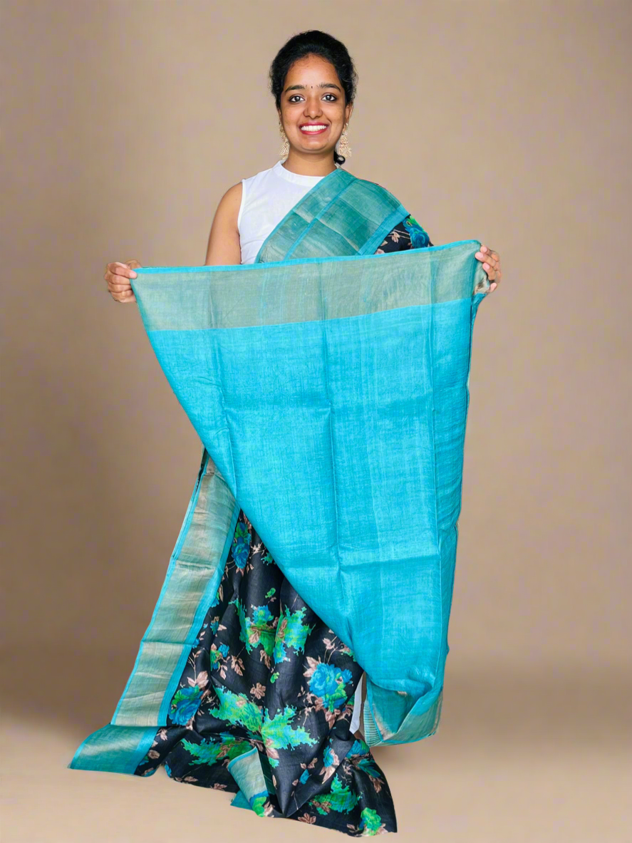 Black and Blue Tussar Silk Saree with Prints
