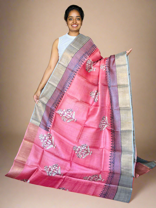 Pink and Grey Tussar Silk Saree with Prints