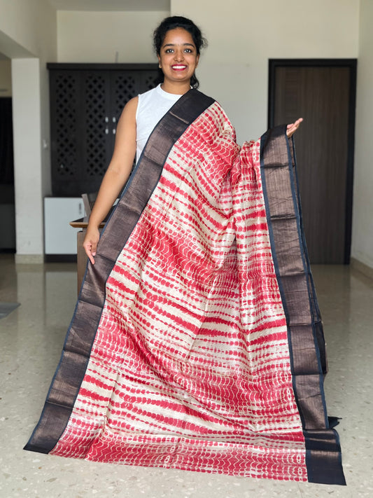 Red and Black Tussar Silk Saree with Prints