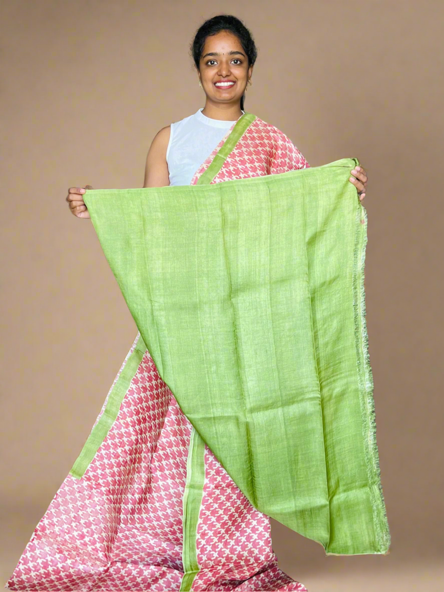Pink and Green Tussar Silk Saree with Prints