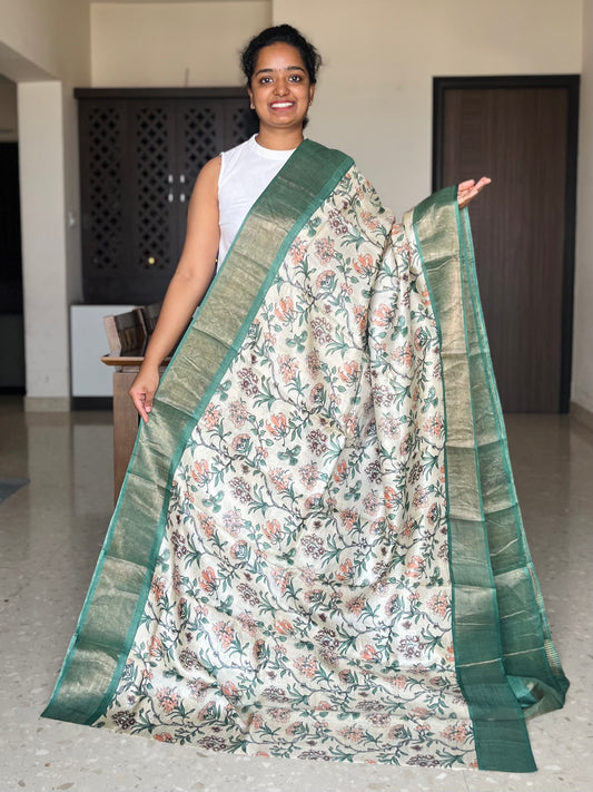 Cream and Green Tussar Silk Saree with Prints