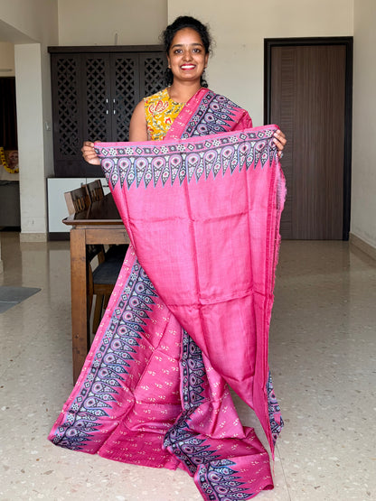 Pink Tussar Silk Saree with Prints