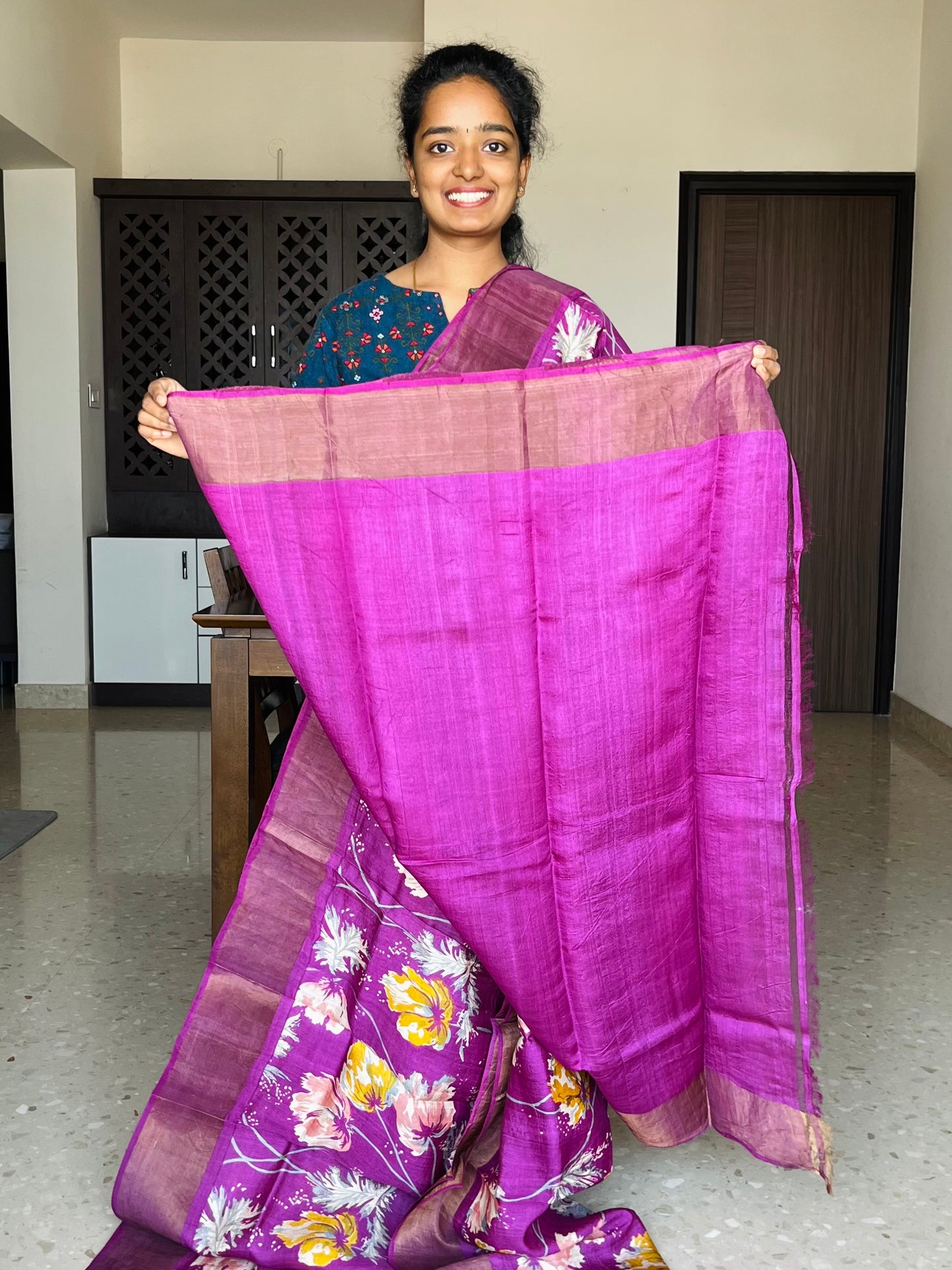Explosive Purple Tussar Silk Saree with Prints