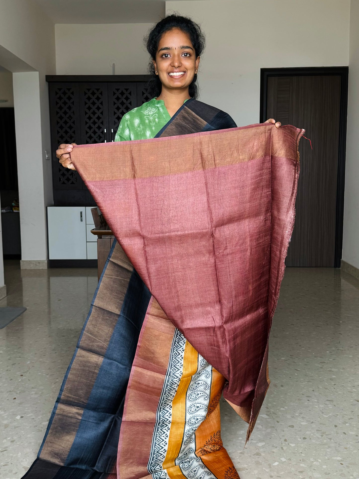 Black,Brown and Orange Tussar Silk Saree with Prints