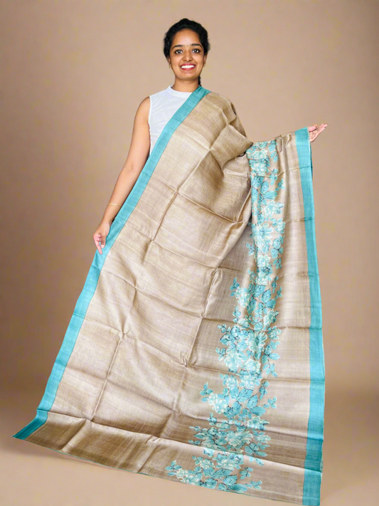 Brown and Olive Green Tussar Silk Saree with Prints