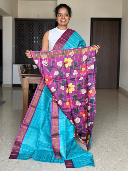 Blue and Purple Tussar Silk Saree with Prints
