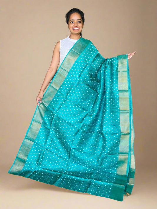 Teal Green Tussar Silk Saree with Print